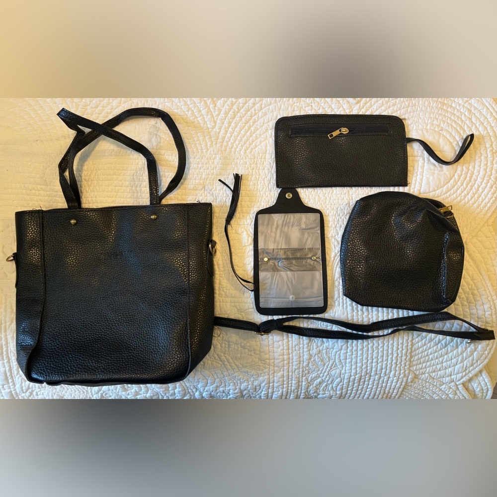 New JINGPIN Black Pebbled Faux Leather Shoulder Tote Bag with 5accessories
